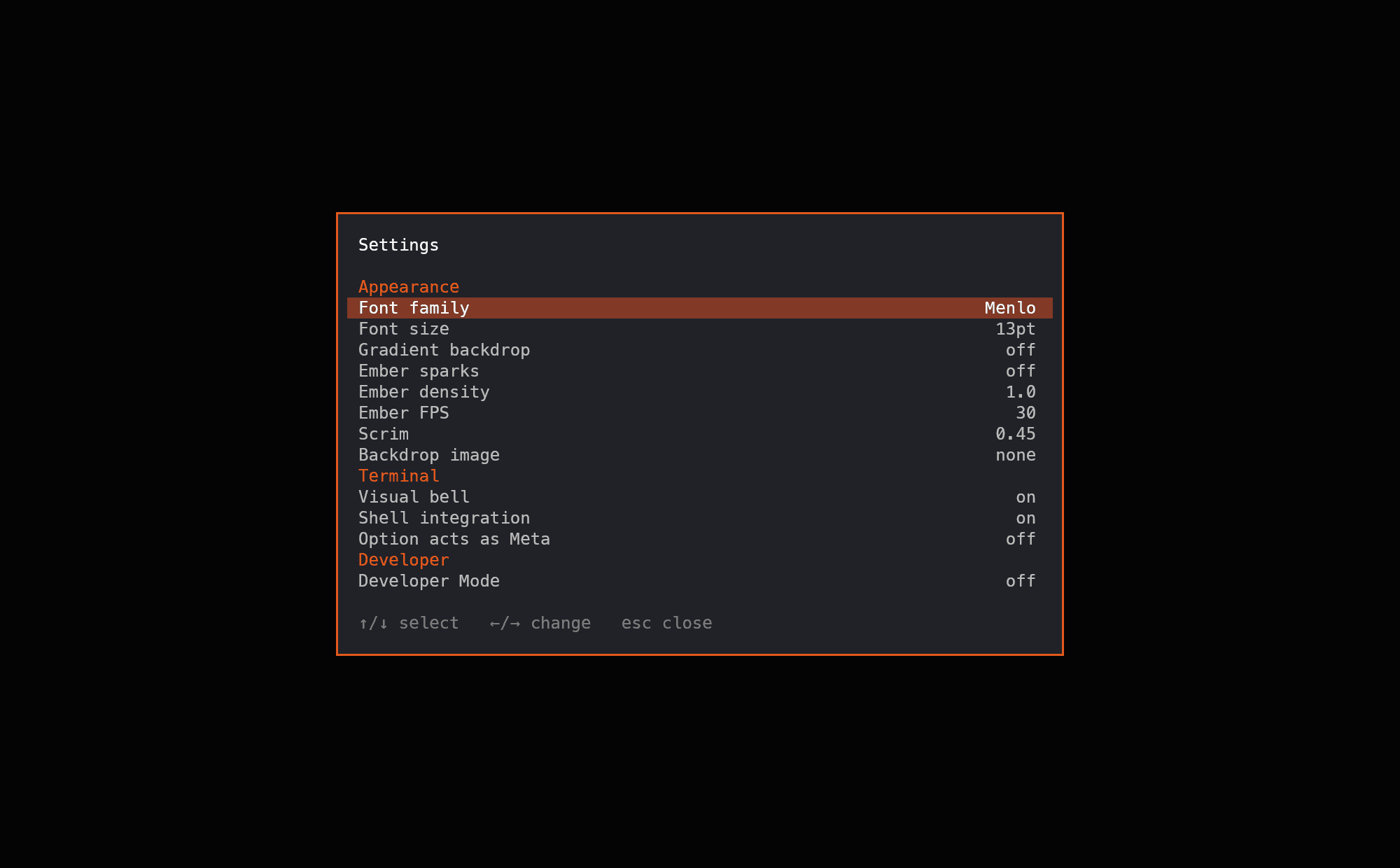 The Ember Settings overlay with the font family picker highlighted