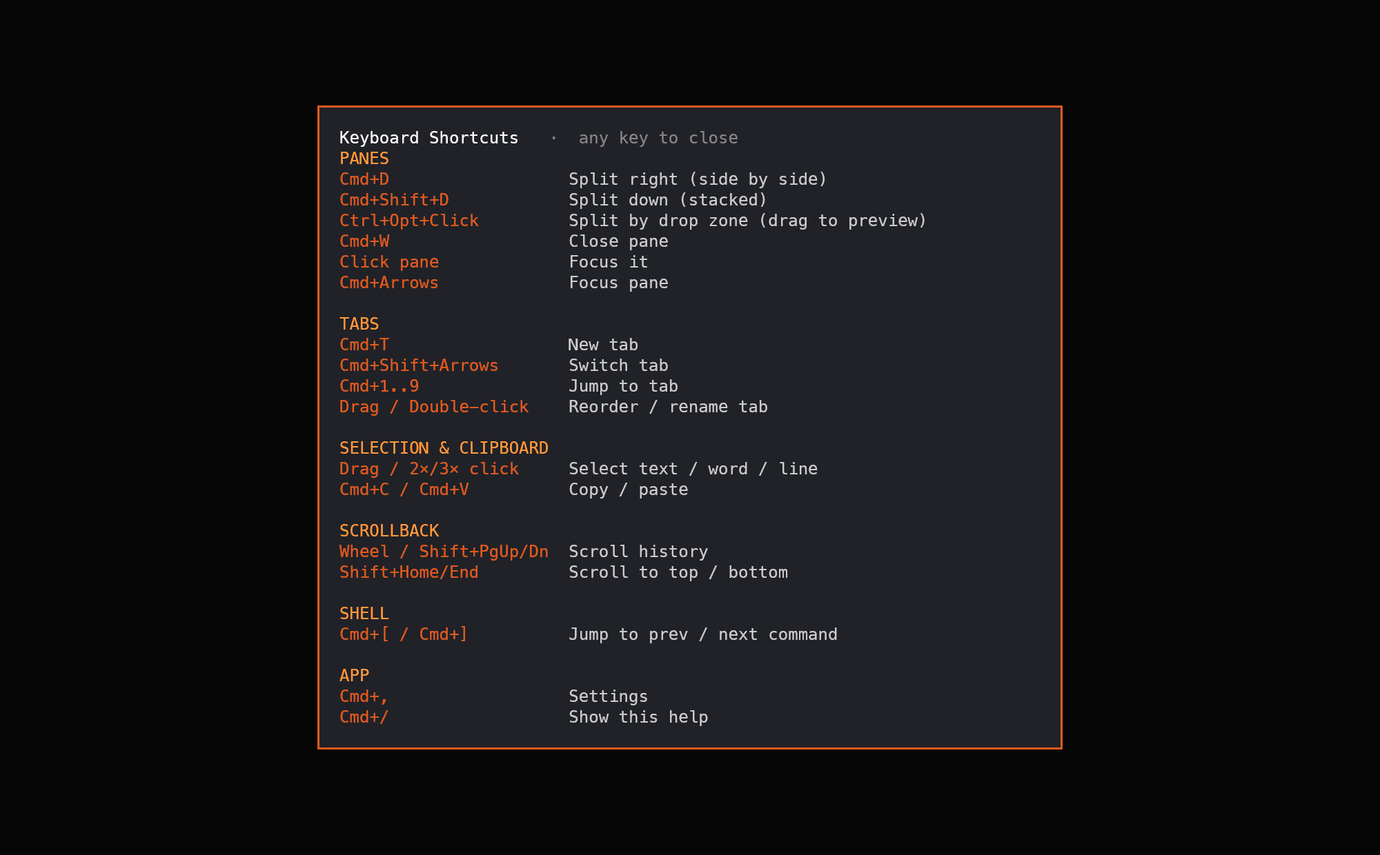 The Ember keyboard shortcuts overlay