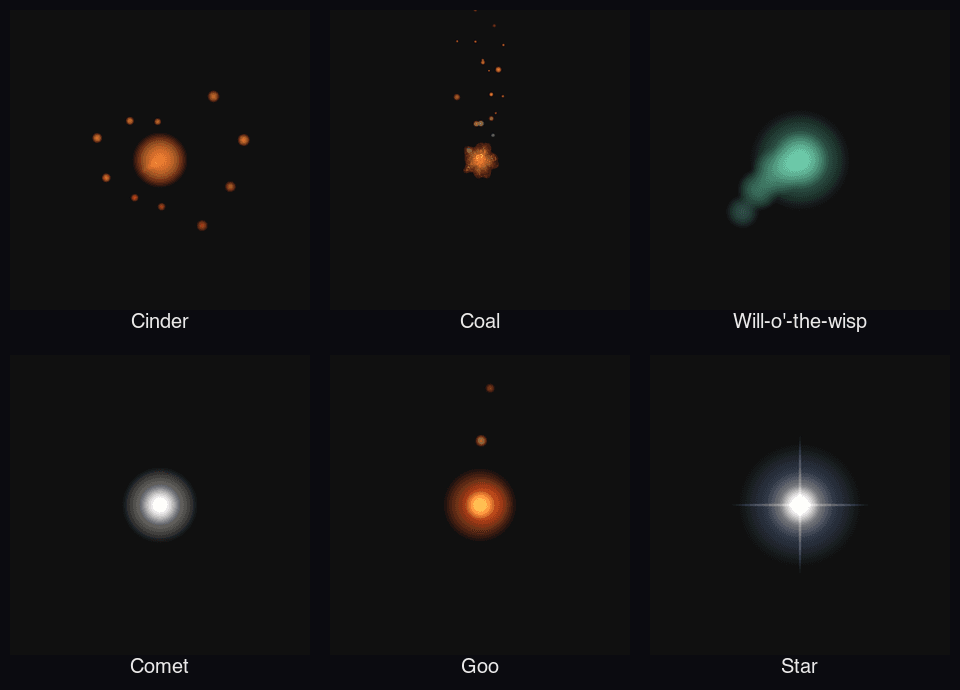 The six wisp styles: Cinder, Coal, Will-o'-the-wisp, Comet, Goo, and Star